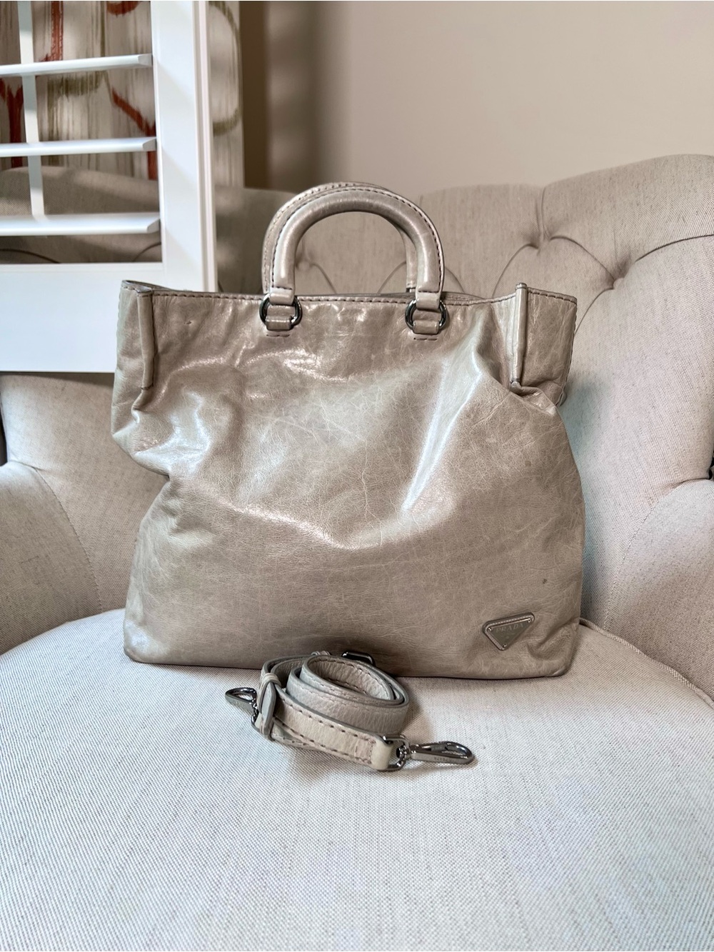 PRADA Neutral Leather Tote/Crossbody Bag with Removable Strap